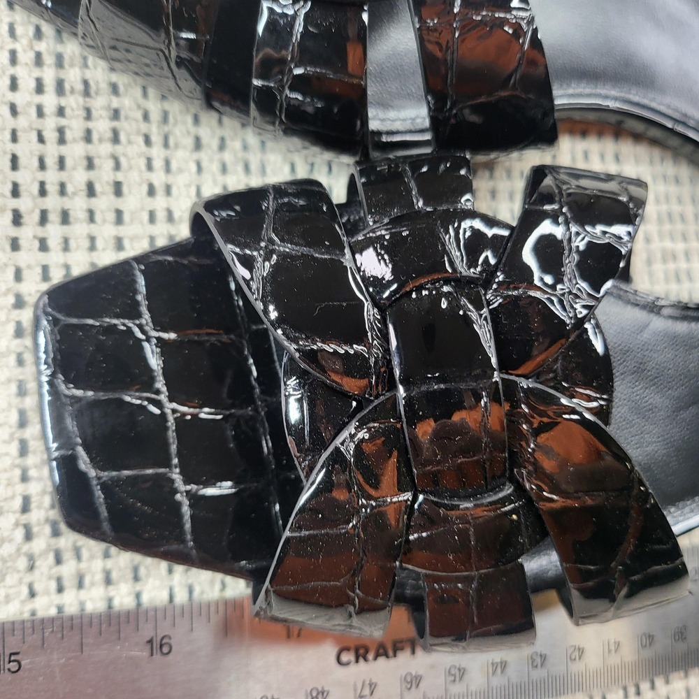 Saint Laurent Sandals Womens Size 7.5 Black Patent Leather Croc Slide Flat Italy - Picture 2 of 7
